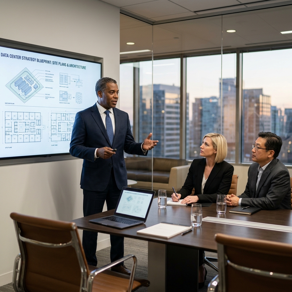 Senior consultant presenting data centre strategy to executive boardroom