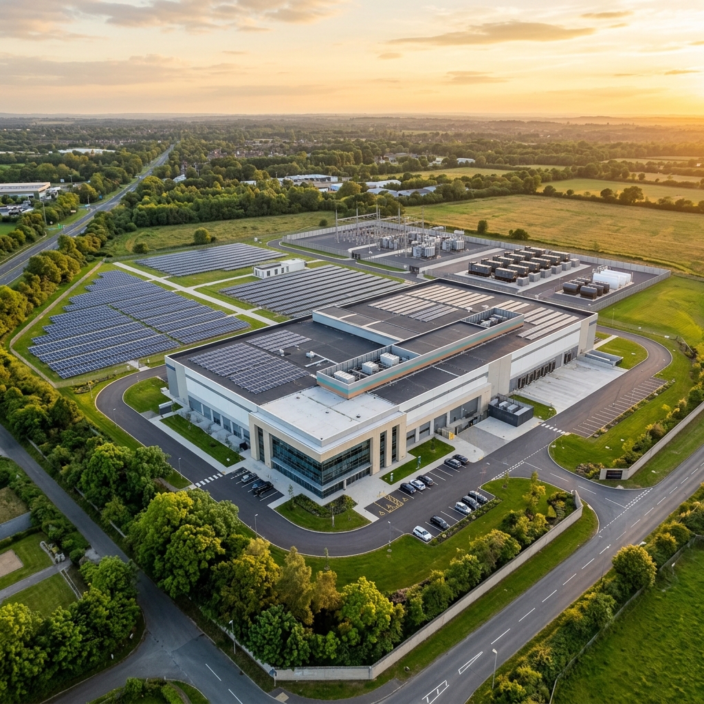 Modern data centre campus facility with renewable energy infrastructure