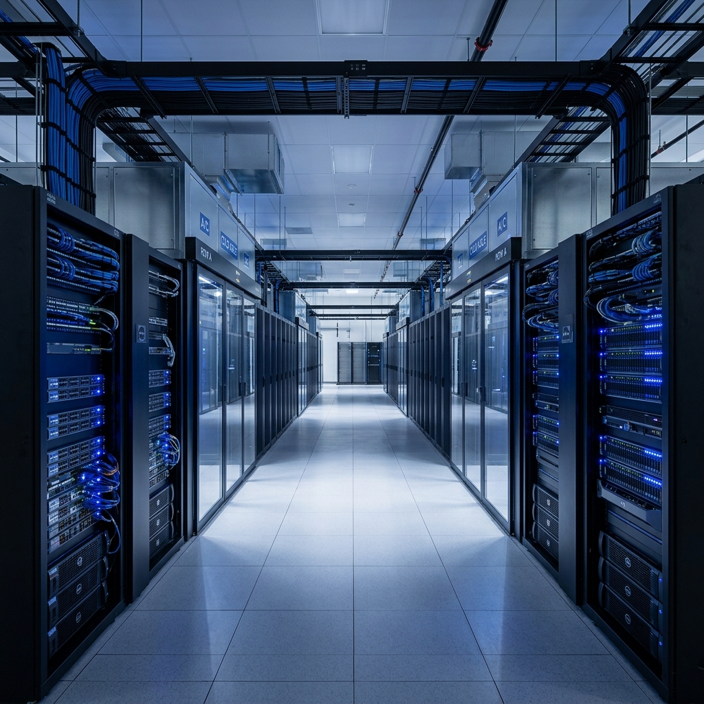 Modern Tier IV data centre interior with server racks and blue LED lighting